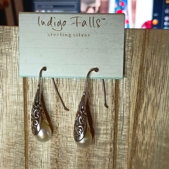 Jewelry - Indigo Falls 925 sterling silver genuine white split pearls dangle drop earrings